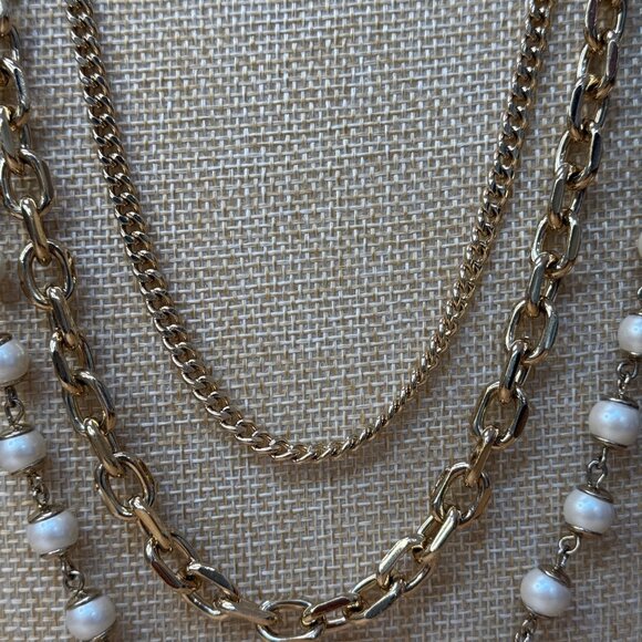 Ann Taylor Long Layered Gold-Tone Necklace With Faux Pearl Accents - Picture 3 of 15